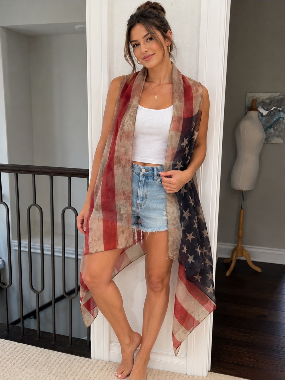 J.NNA Distressed American Flag Patriotic Sleeveless Kimono NWT
